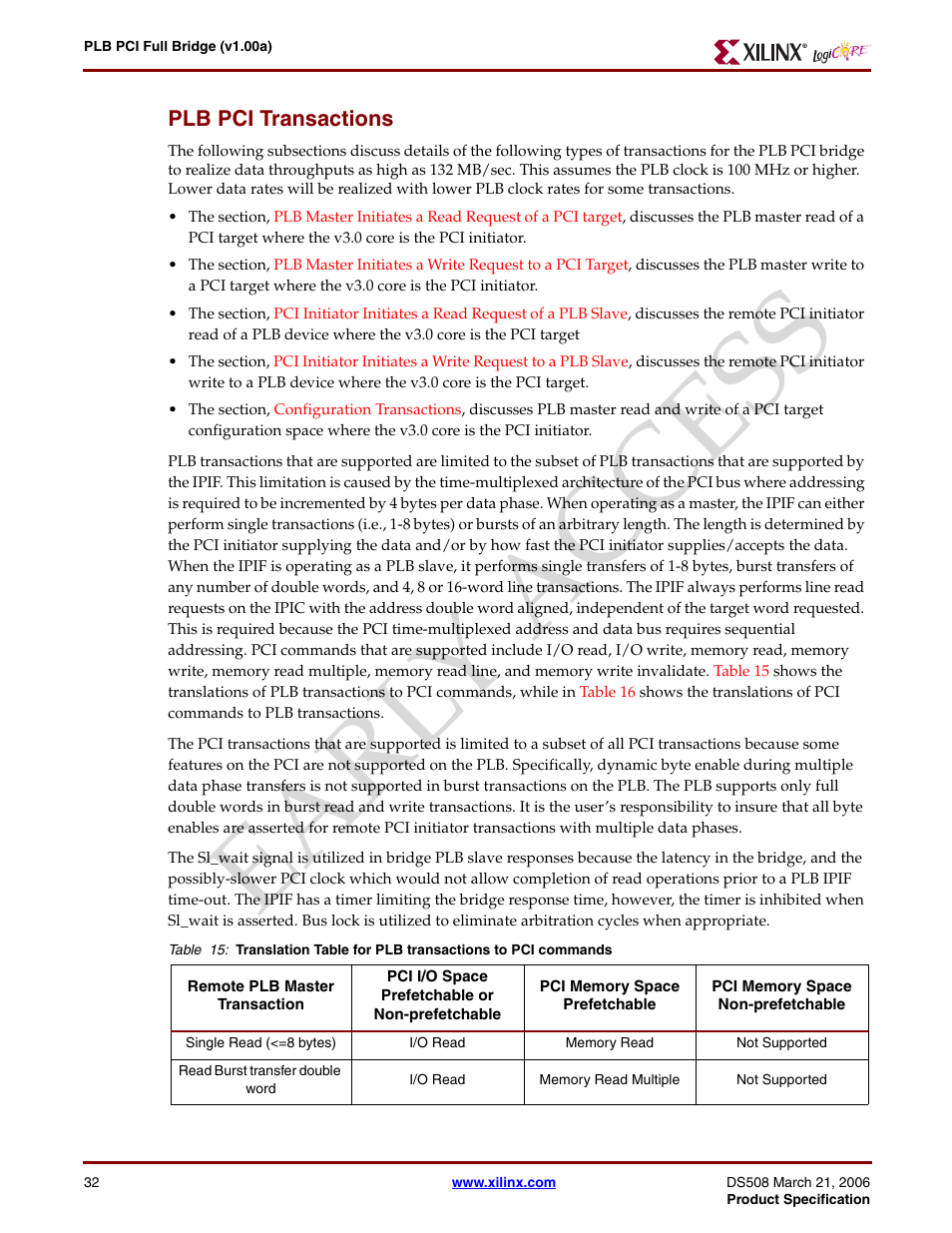 Plb pci transactions, Earl y access | Xilinx LogiCore PLB PCI Full Bridge User Manual | Page 32 / 58