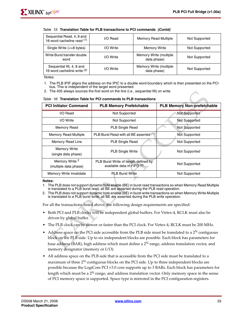 Y access, Table 16, Show | Ear ly access | Xilinx LogiCore PLB PCI Full Bridge User Manual | Page 33 / 58