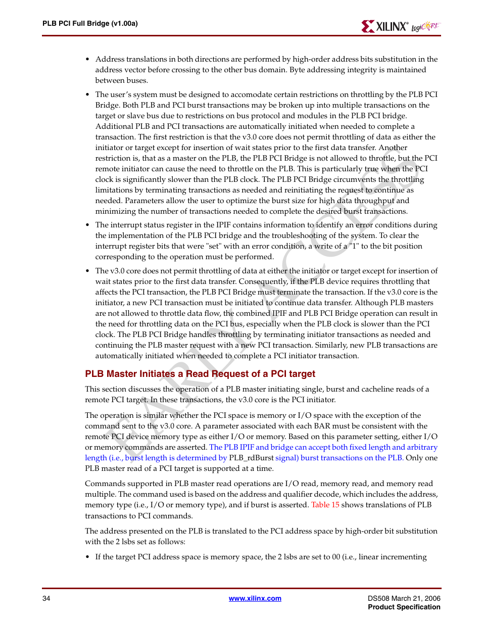 Earl y access | Xilinx LogiCore PLB PCI Full Bridge User Manual | Page 34 / 58