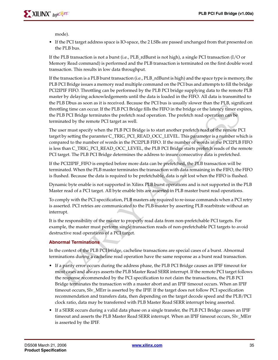 Ear ly access | Xilinx LogiCore PLB PCI Full Bridge User Manual | Page 35 / 58