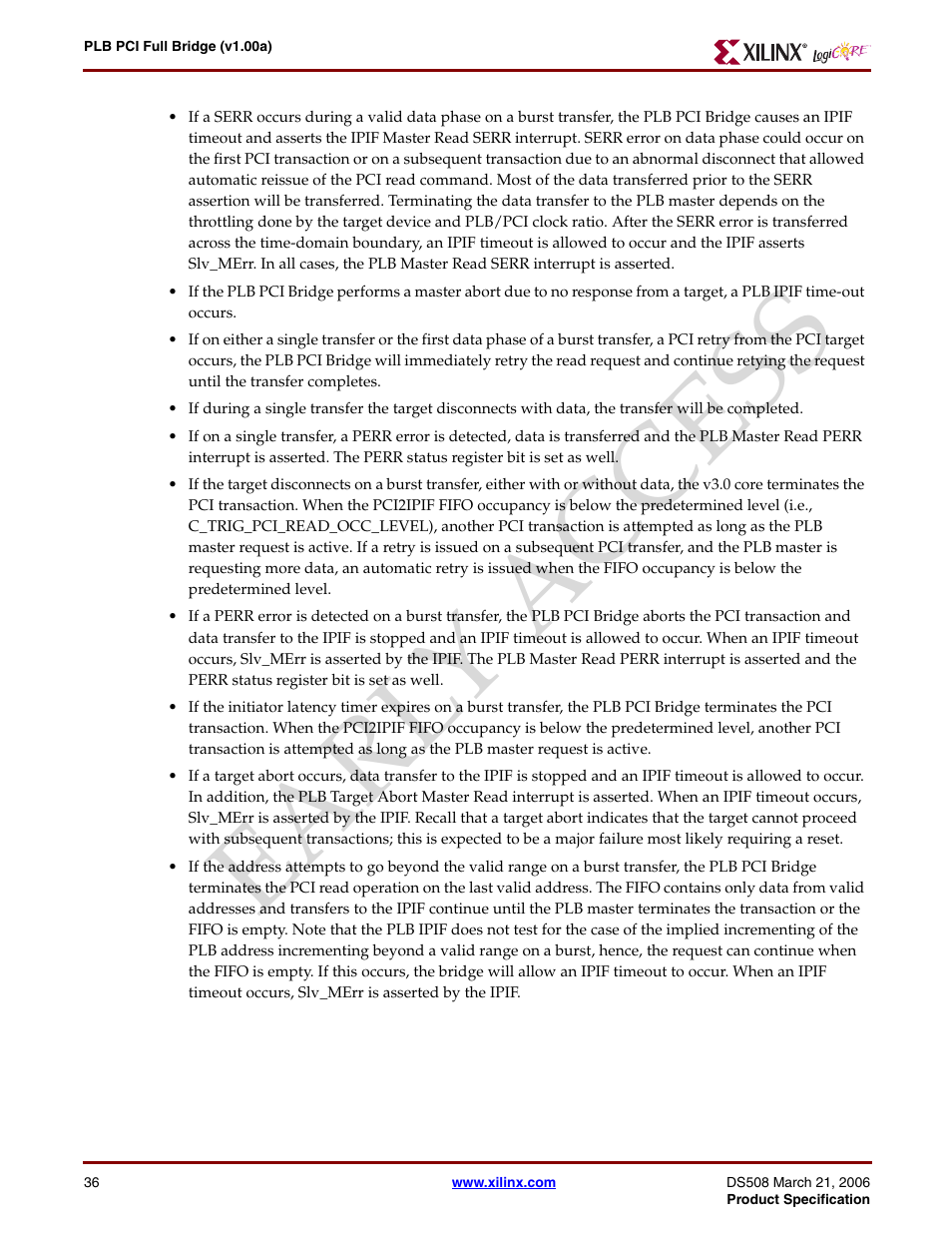 Earl y access | Xilinx LogiCore PLB PCI Full Bridge User Manual | Page 36 / 58