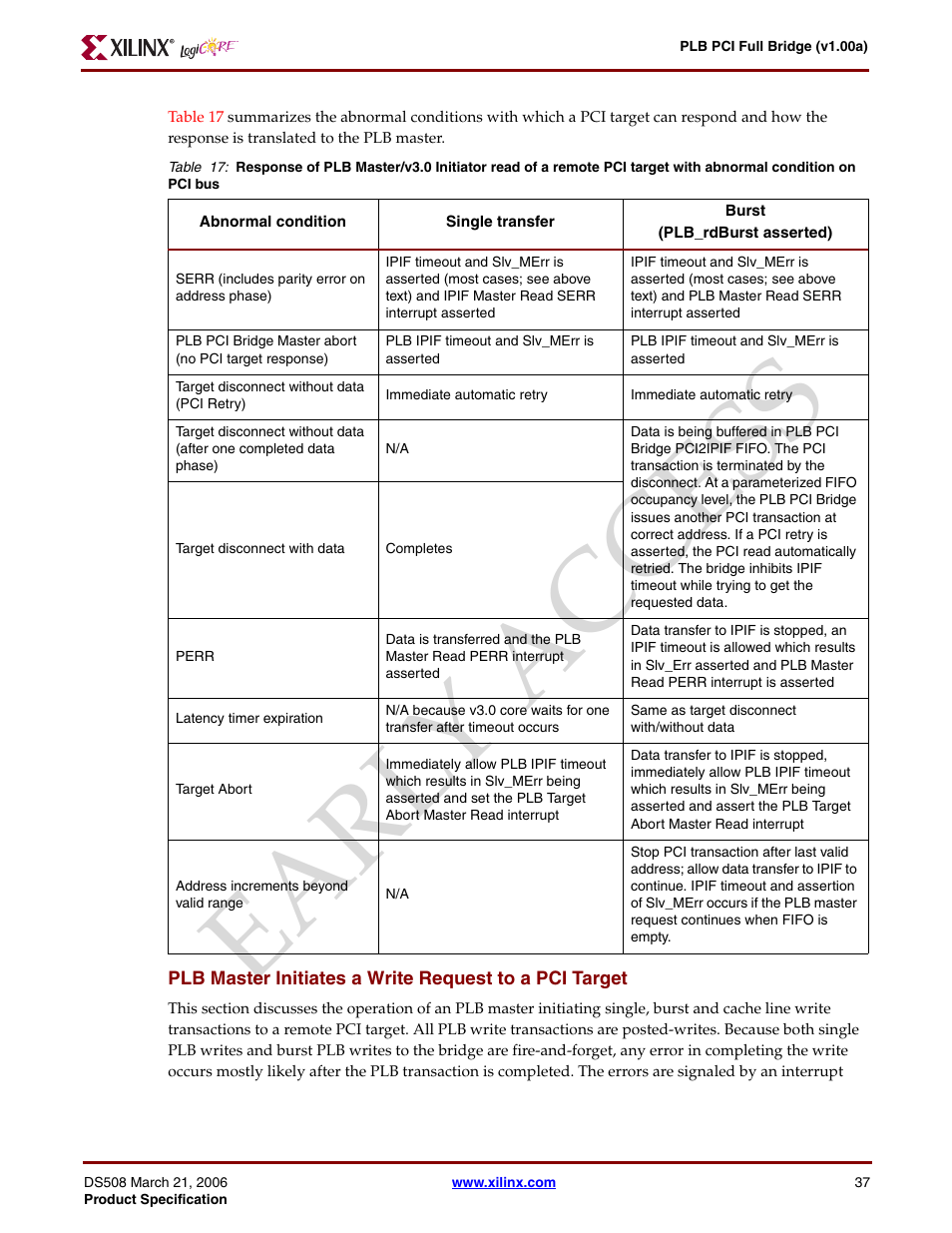 Ction, Ear ly access | Xilinx LogiCore PLB PCI Full Bridge User Manual | Page 37 / 58