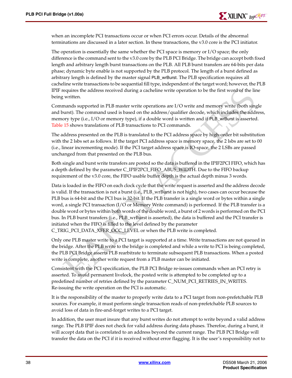 Earl y access | Xilinx LogiCore PLB PCI Full Bridge User Manual | Page 38 / 58