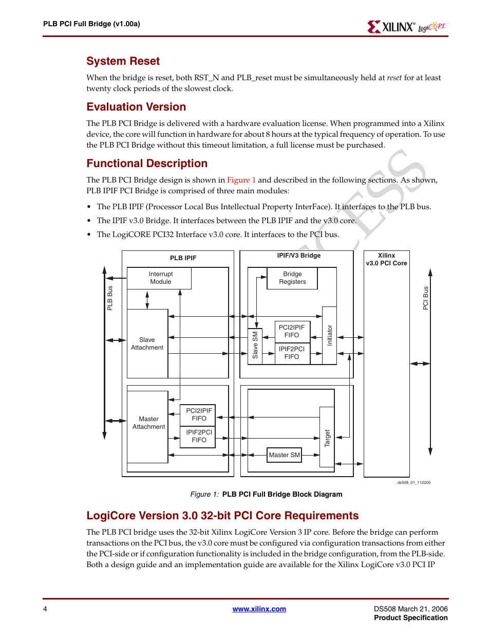System reset, Evaluation version, Functional description | Logicore version 3.0 32-bit pci core requirements, Earl y access | Xilinx LogiCore PLB PCI Full Bridge User Manual | Page 4 / 58