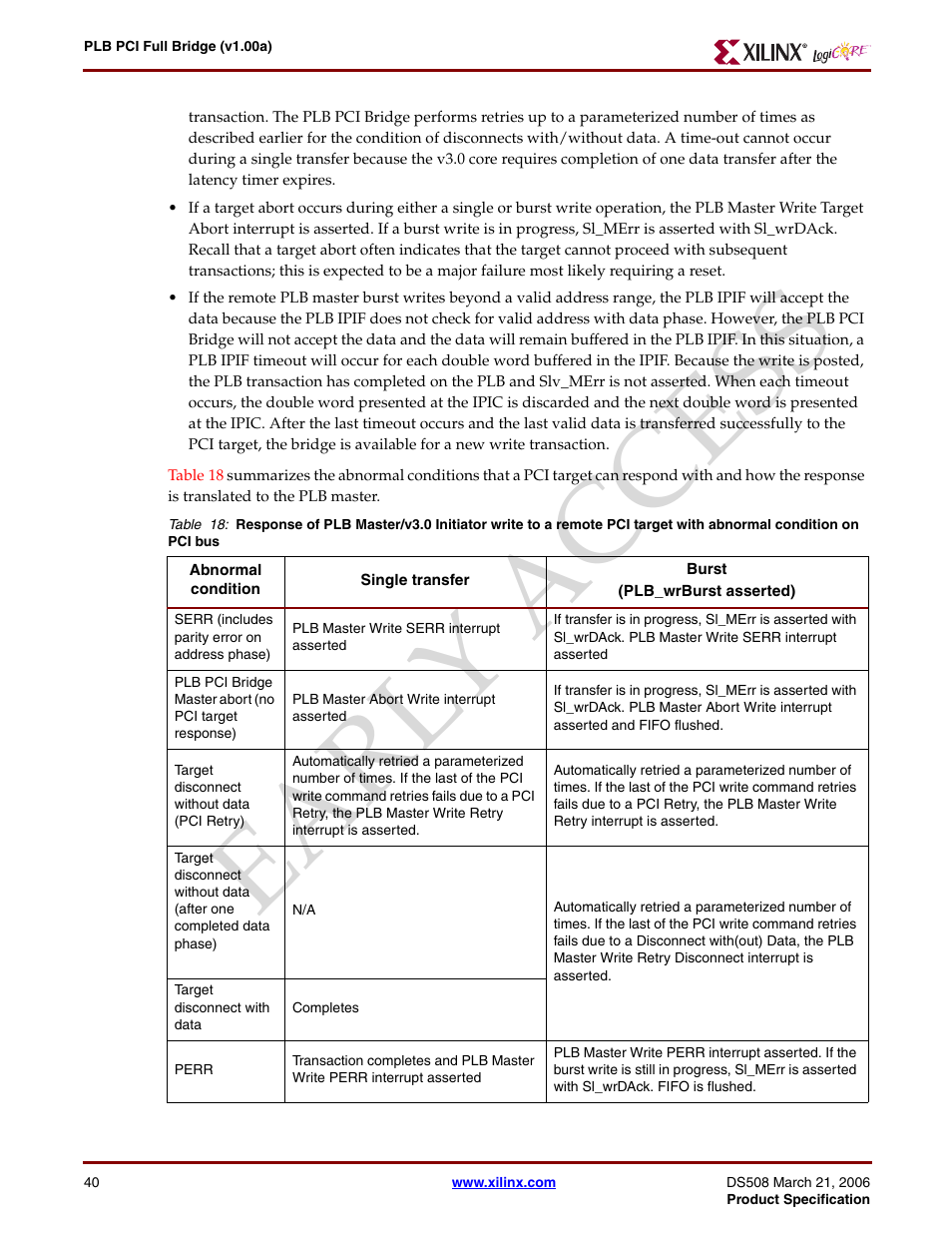 Earl y access | Xilinx LogiCore PLB PCI Full Bridge User Manual | Page 40 / 58