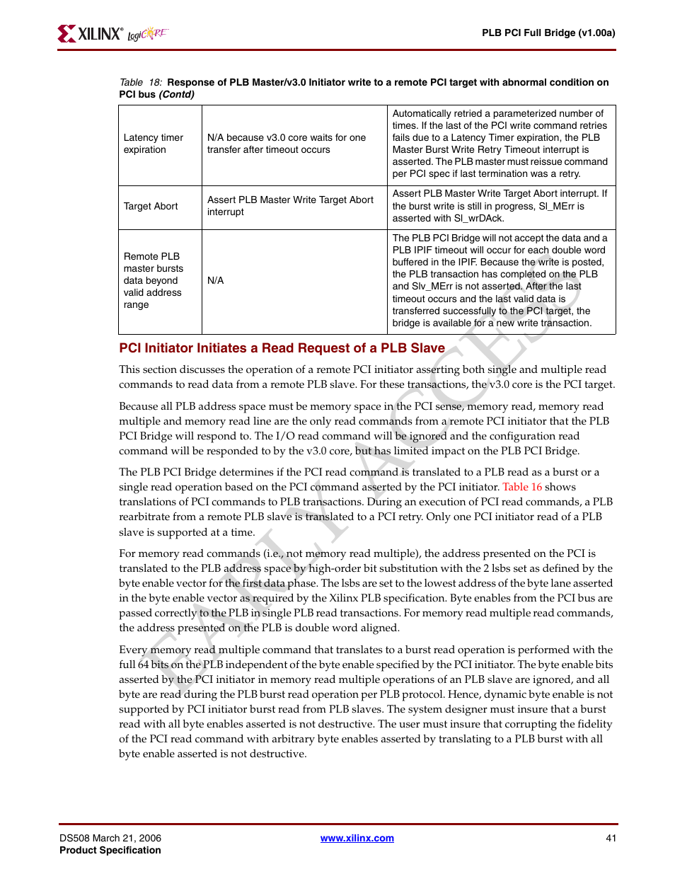 Ear ly access | Xilinx LogiCore PLB PCI Full Bridge User Manual | Page 41 / 58