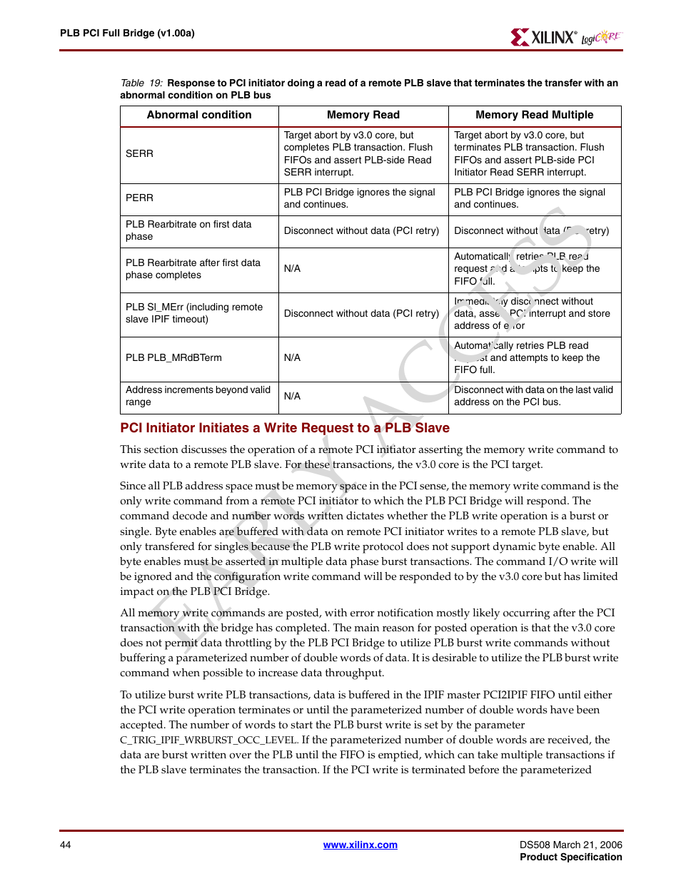 Discusses, Earl y access | Xilinx LogiCore PLB PCI Full Bridge User Manual | Page 44 / 58