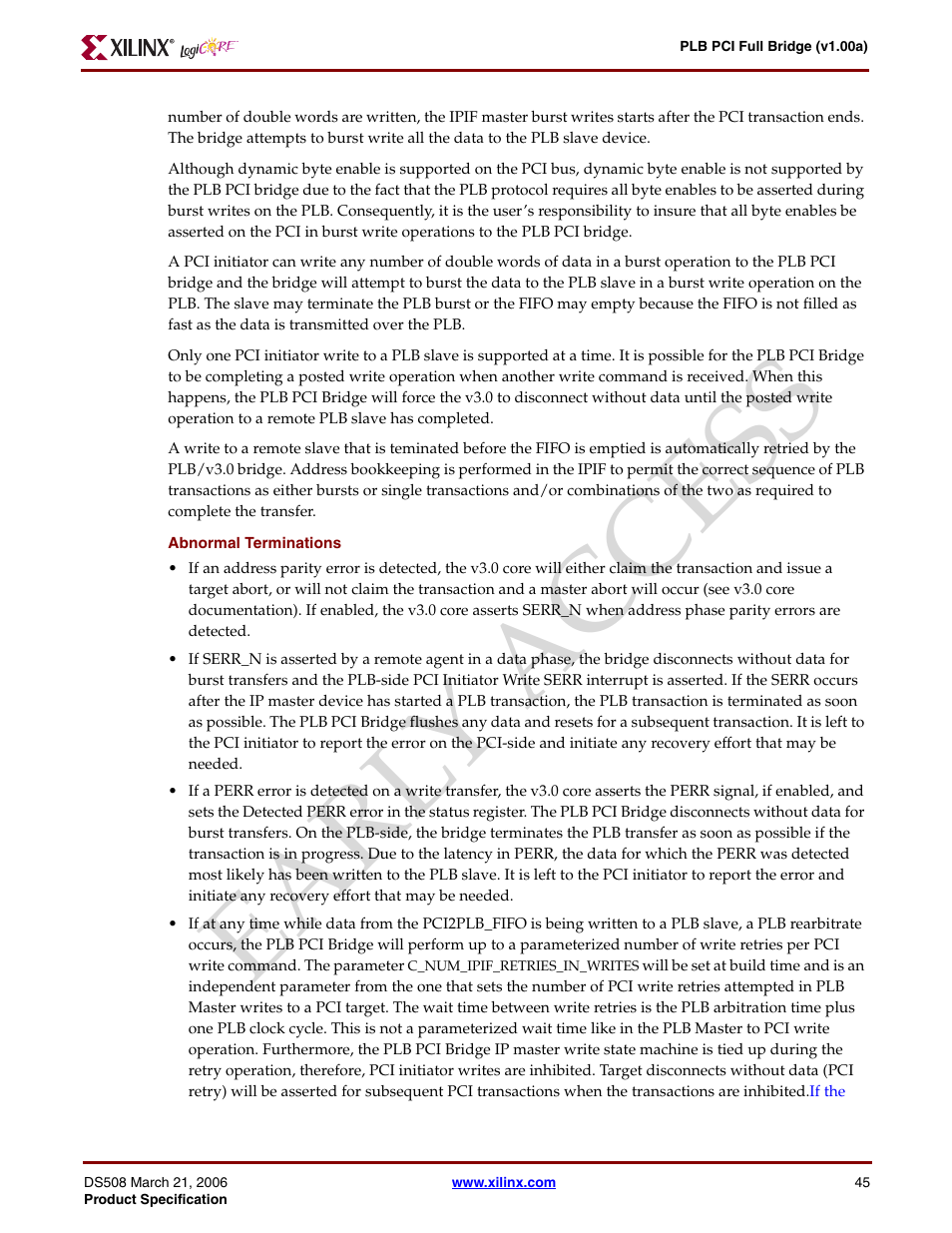 Ear ly access | Xilinx LogiCore PLB PCI Full Bridge User Manual | Page 45 / 58