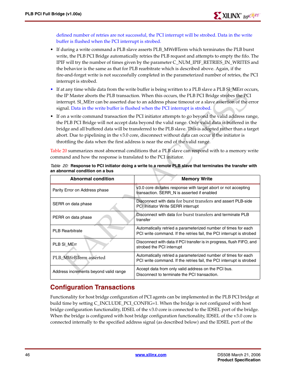 Configuration transactions, Earl y access | Xilinx LogiCore PLB PCI Full Bridge User Manual | Page 46 / 58