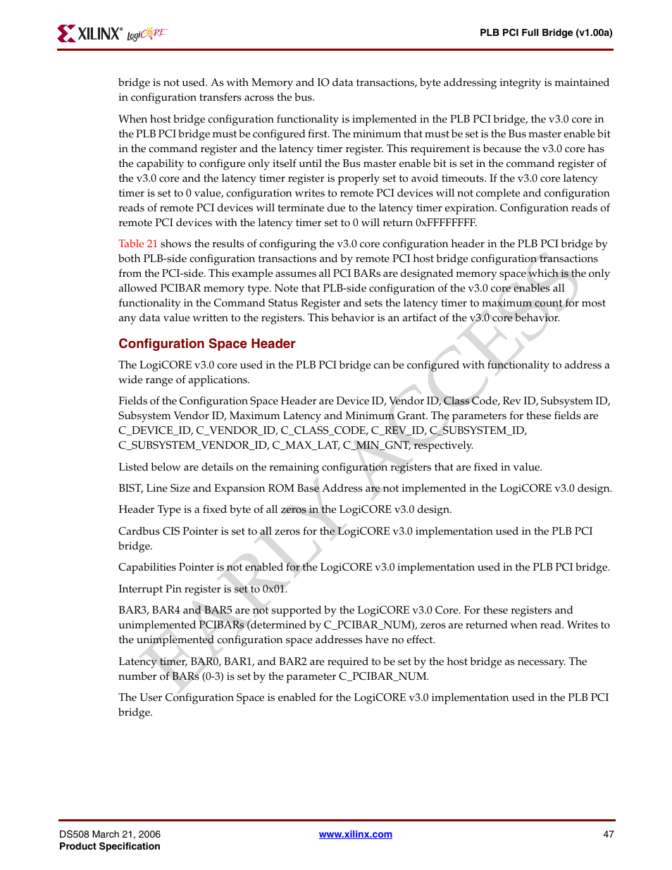 Configuration space header, Ear ly access | Xilinx LogiCore PLB PCI Full Bridge User Manual | Page 47 / 58