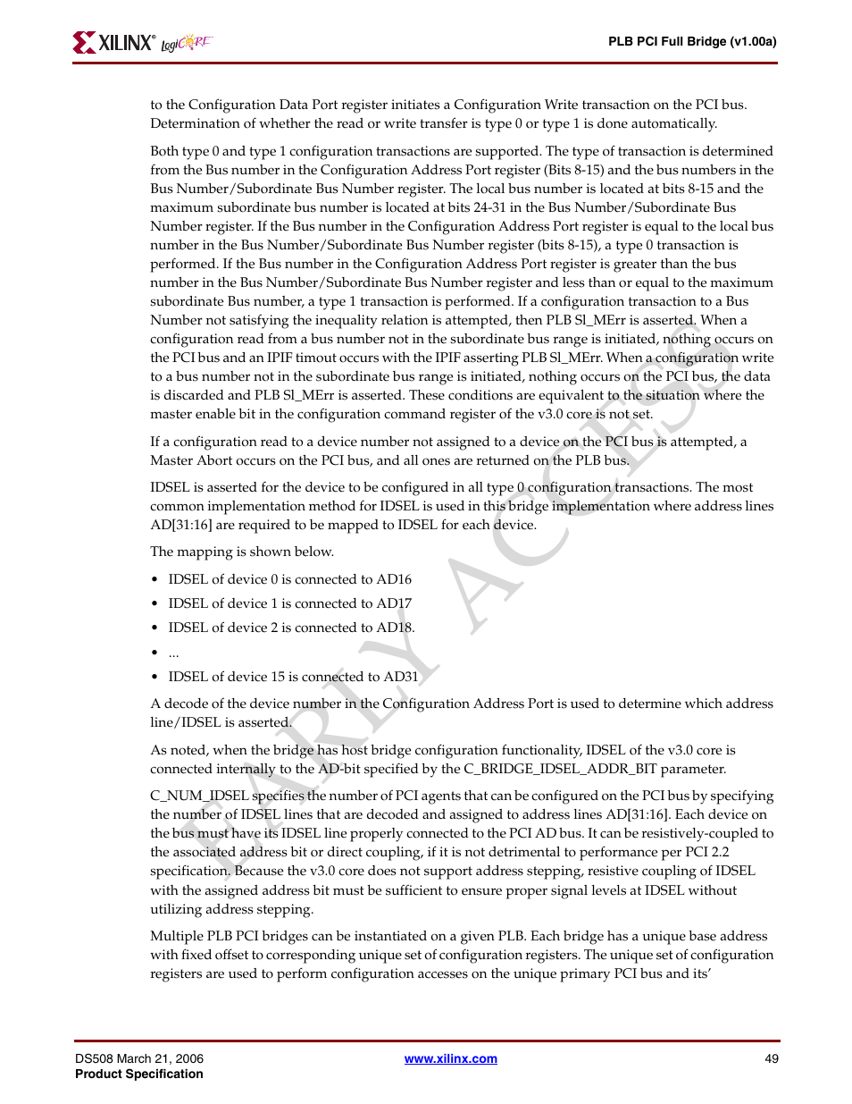 Ear ly access | Xilinx LogiCore PLB PCI Full Bridge User Manual | Page 49 / 58