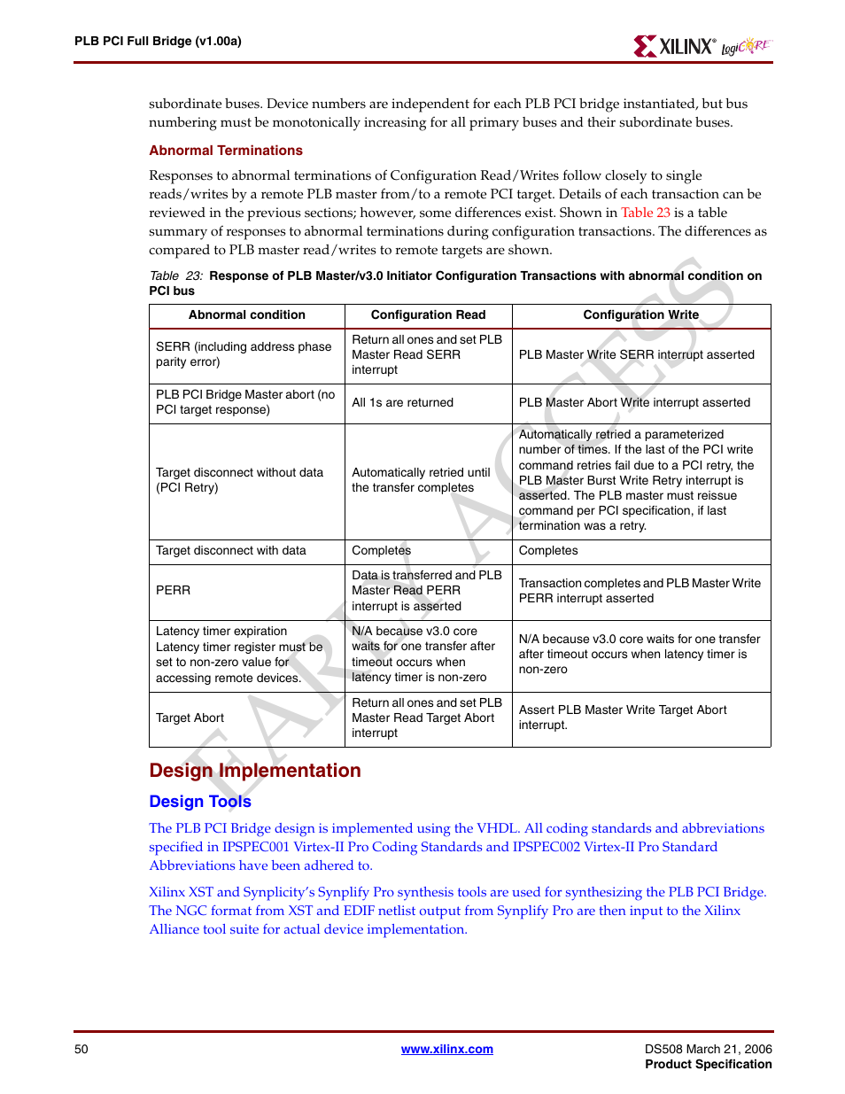 Design implementation, Design tools, Earl y access | Xilinx LogiCore PLB PCI Full Bridge User Manual | Page 50 / 58