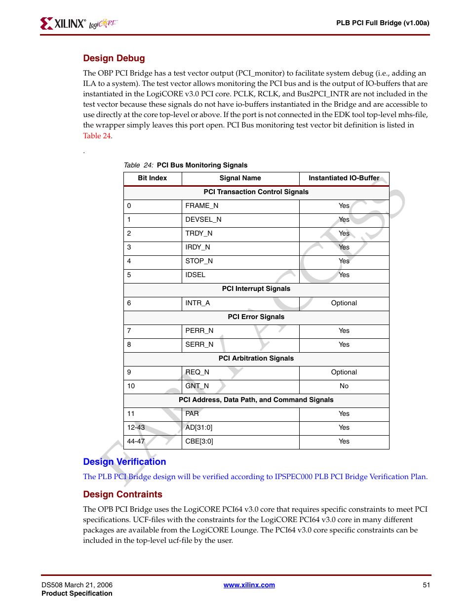 Design debug, Design verification, Design contraints | Ear ly access | Xilinx LogiCore PLB PCI Full Bridge User Manual | Page 51 / 58