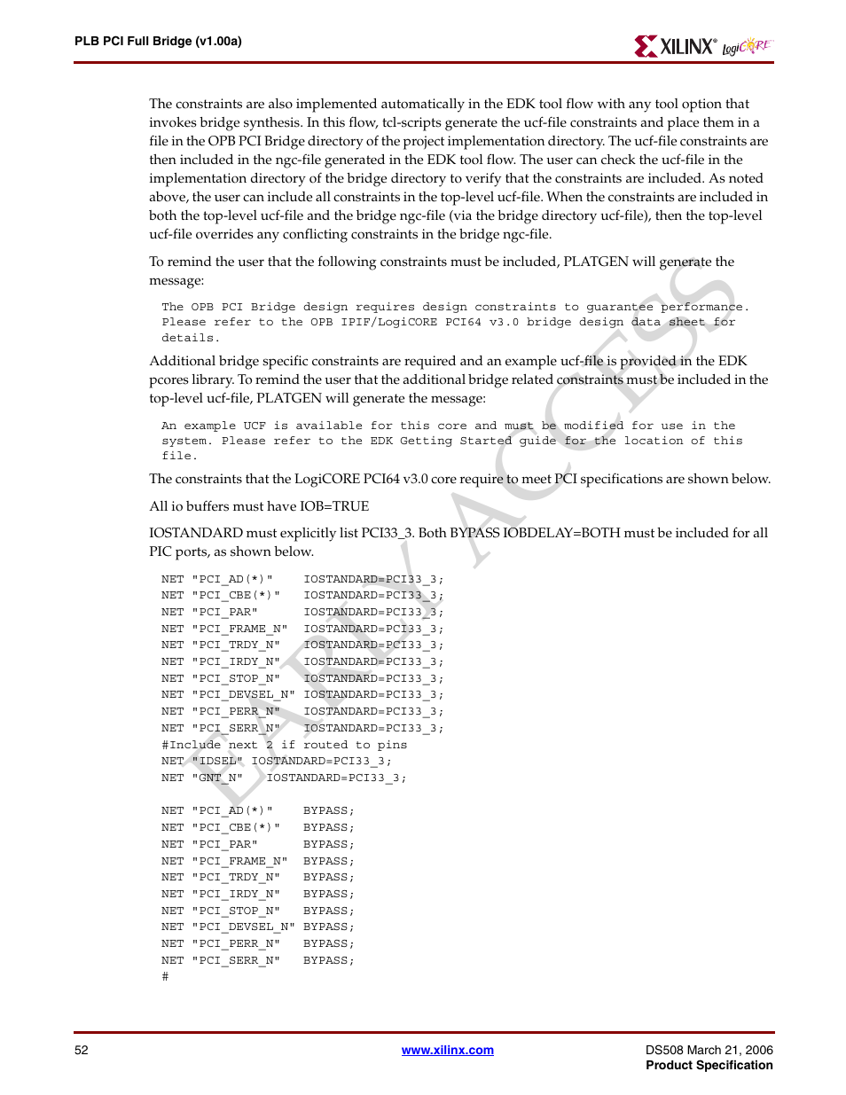Earl y access | Xilinx LogiCore PLB PCI Full Bridge User Manual | Page 52 / 58