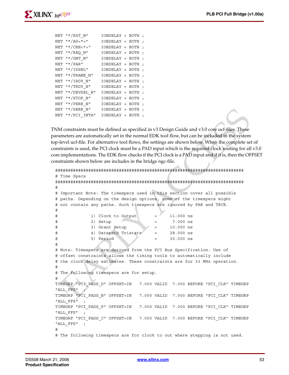 Ear ly access | Xilinx LogiCore PLB PCI Full Bridge User Manual | Page 53 / 58