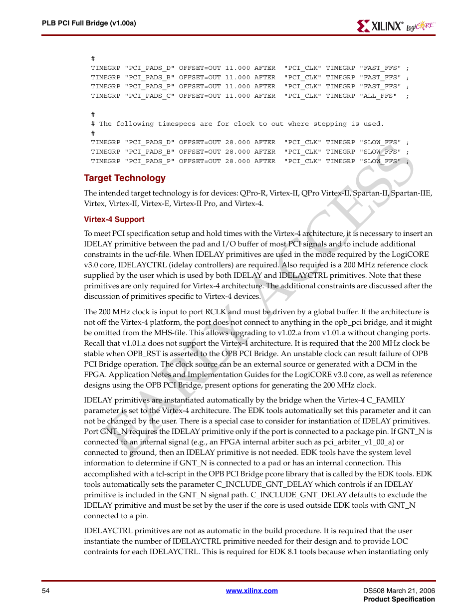 Target technology, Earl y access | Xilinx LogiCore PLB PCI Full Bridge User Manual | Page 54 / 58