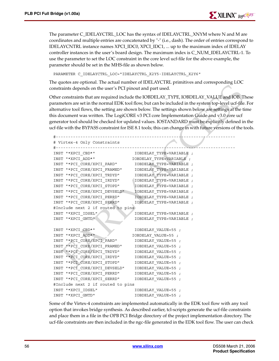 Earl y access | Xilinx LogiCore PLB PCI Full Bridge User Manual | Page 56 / 58