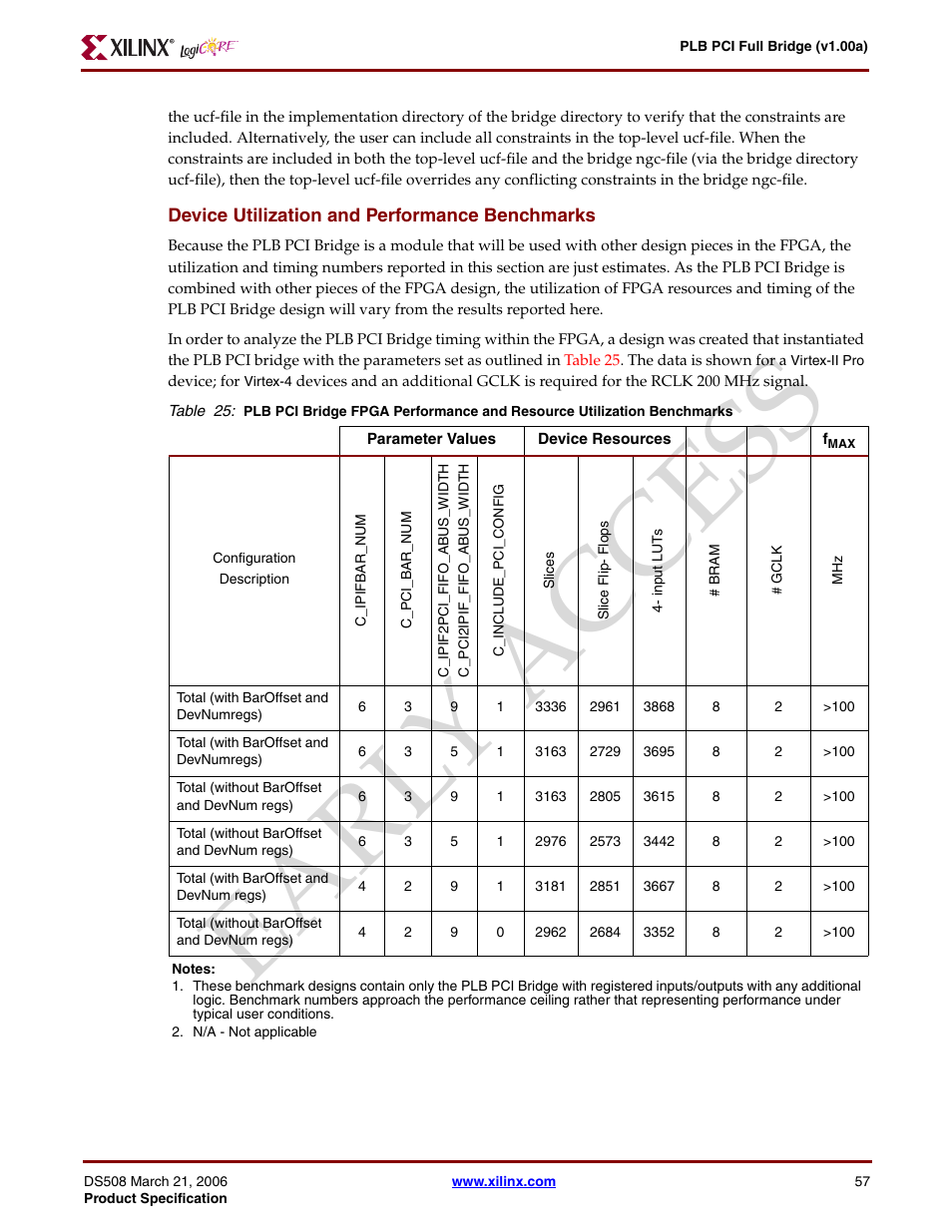 Device utilization and performance benchmarks, Ear ly access | Xilinx LogiCore PLB PCI Full Bridge User Manual | Page 57 / 58