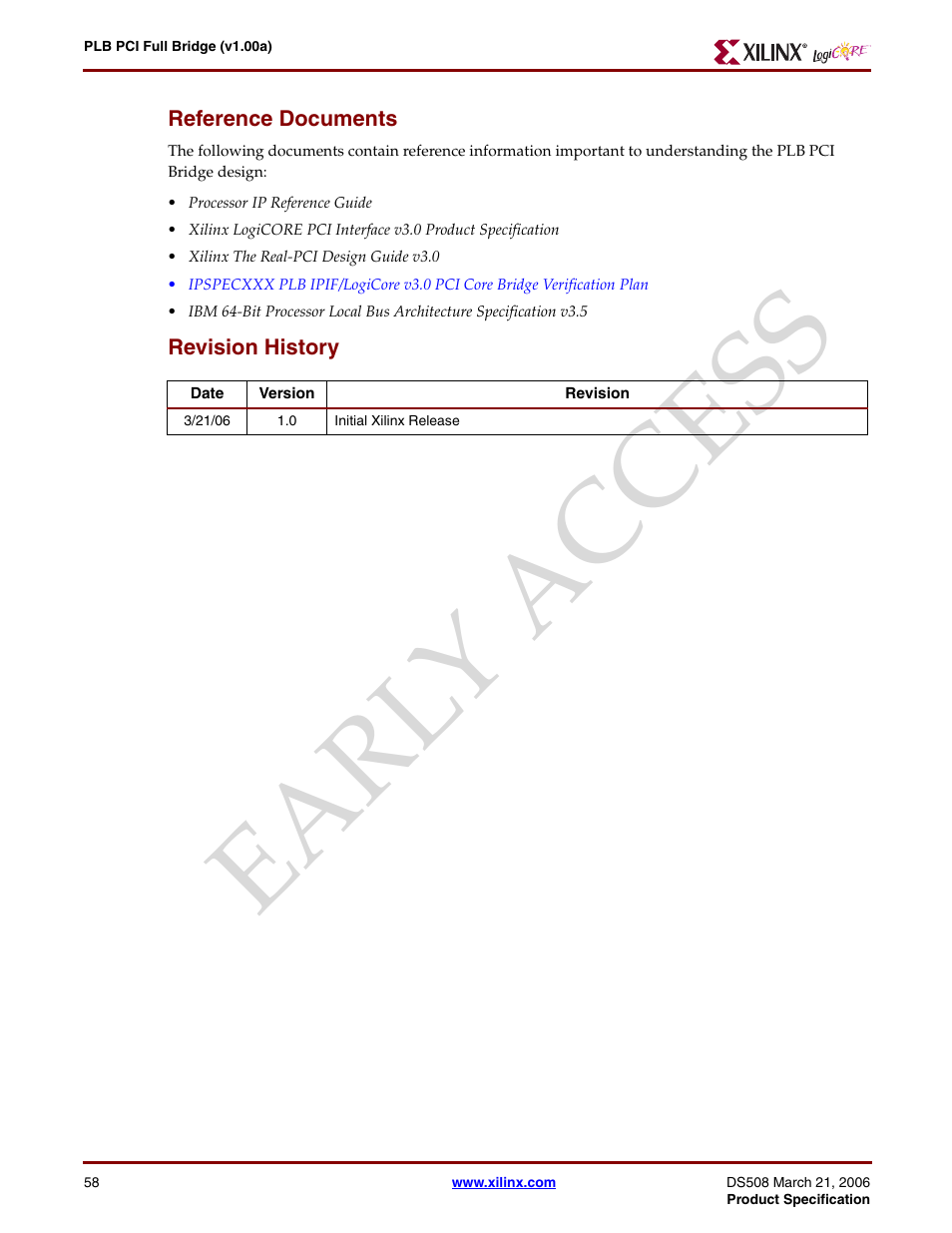 Reference documents, Revision history, Earl y access | Xilinx LogiCore PLB PCI Full Bridge User Manual | Page 58 / 58
