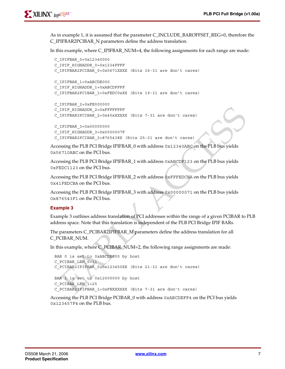 Ear ly access | Xilinx LogiCore PLB PCI Full Bridge User Manual | Page 7 / 58