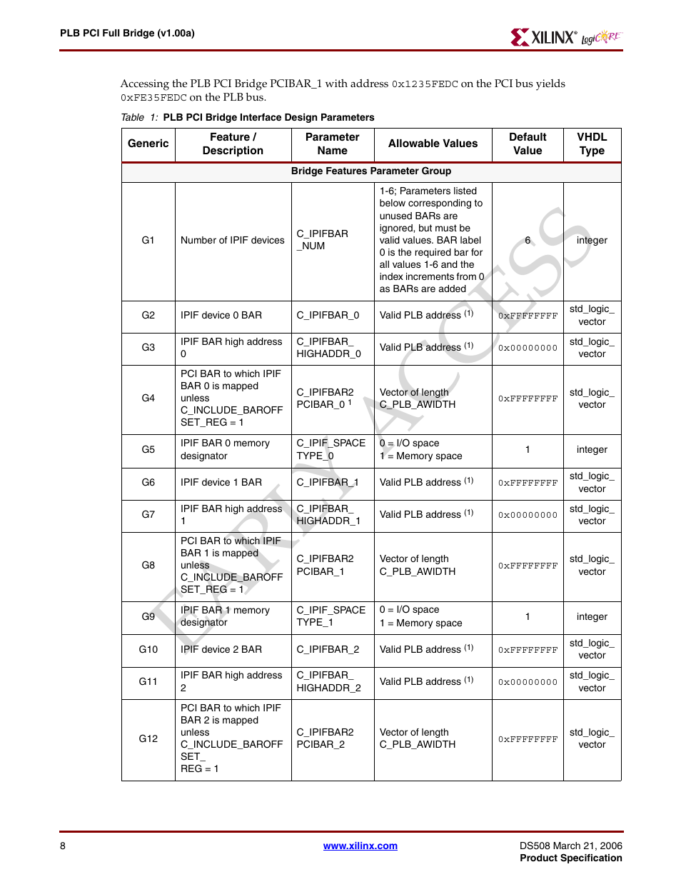 Table 1, Earl y access | Xilinx LogiCore PLB PCI Full Bridge User Manual | Page 8 / 58