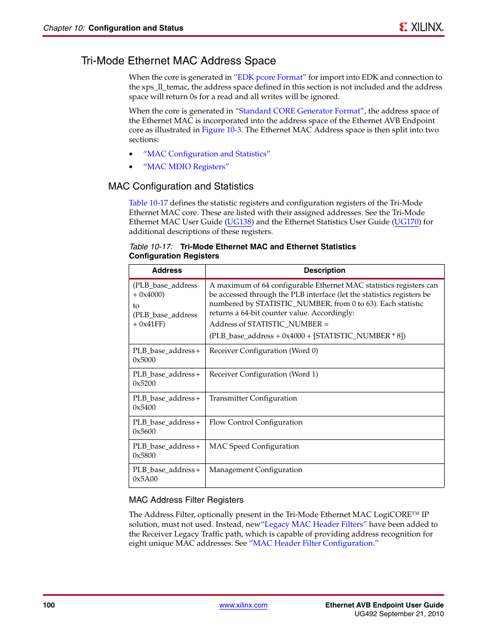 Tri-mode ethernet mac address space, Table 10-17, Mac configuration and statistics | Xilinx IP Ethernet AVB Endpoint v2.4 UG492 User Manual | Page 100 / 172