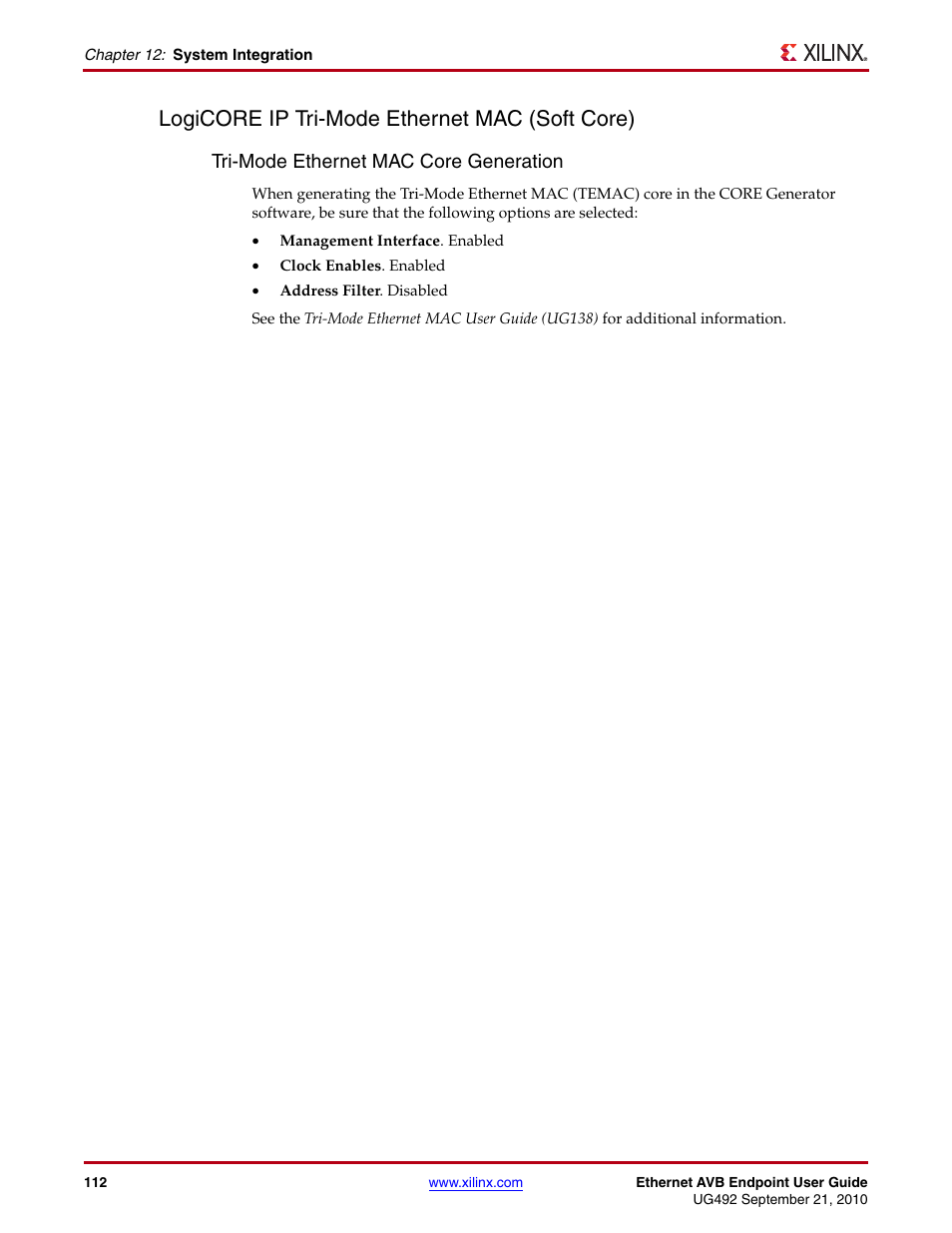 Logicore ip tri-mode ethernet mac (soft core), Tri-mode ethernet mac core generation | Xilinx IP Ethernet AVB Endpoint v2.4 UG492 User Manual | Page 112 / 172