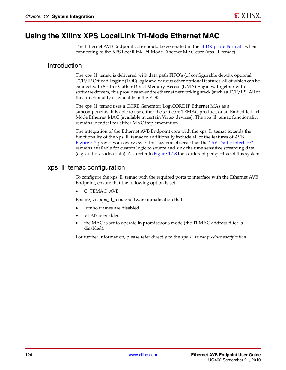 Introduction, Xps_ll_temac configuration, Introduction xps_ll_temac configuration | Using the xilinx xps locallink tri, Mode ethernet mac | Xilinx IP Ethernet AVB Endpoint v2.4 UG492 User Manual | Page 124 / 172