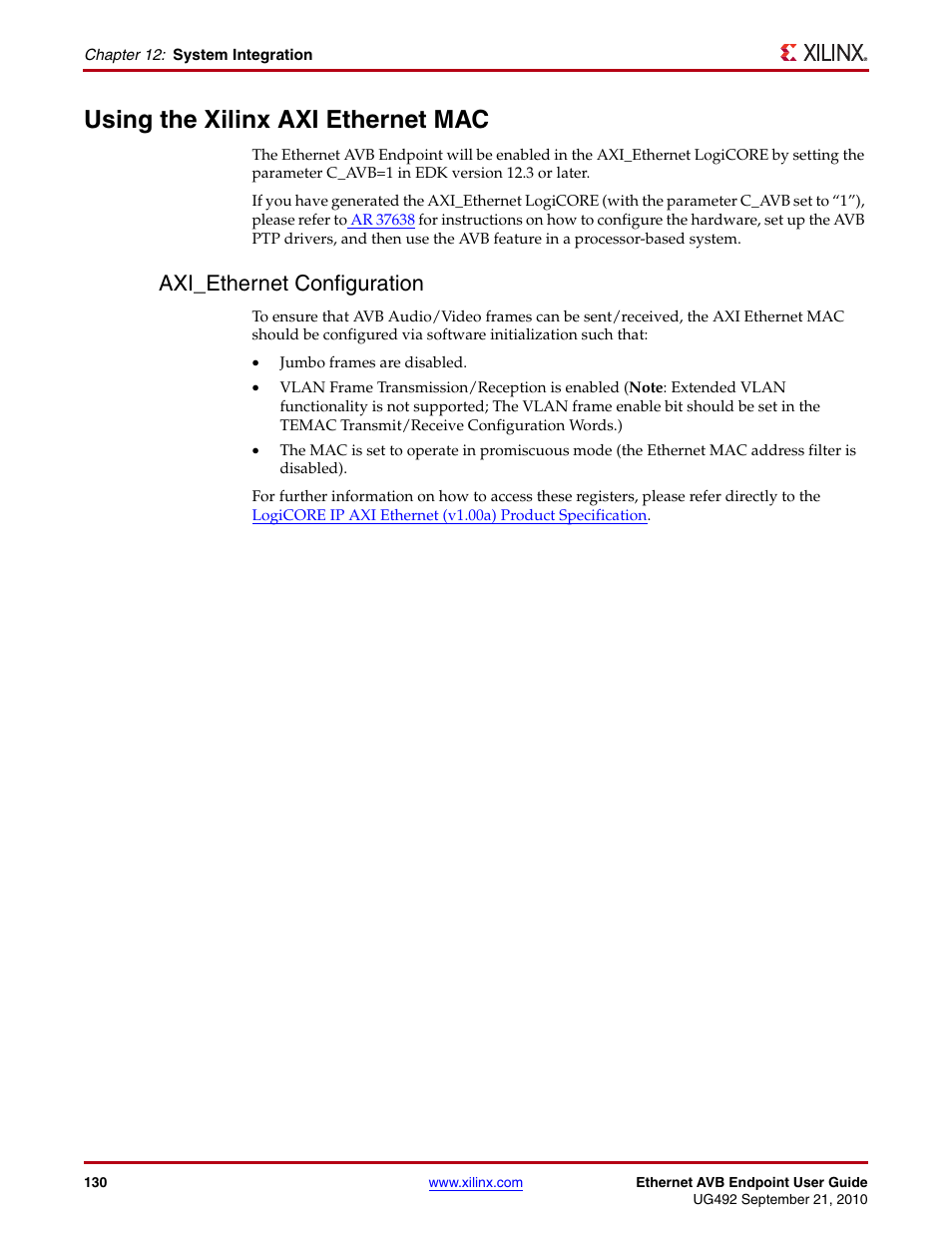 Using the xilinx axi ethernet mac, Axi_ethernet configuration, Using the xilinx | Axi ethernet mac | Xilinx IP Ethernet AVB Endpoint v2.4 UG492 User Manual | Page 130 / 172