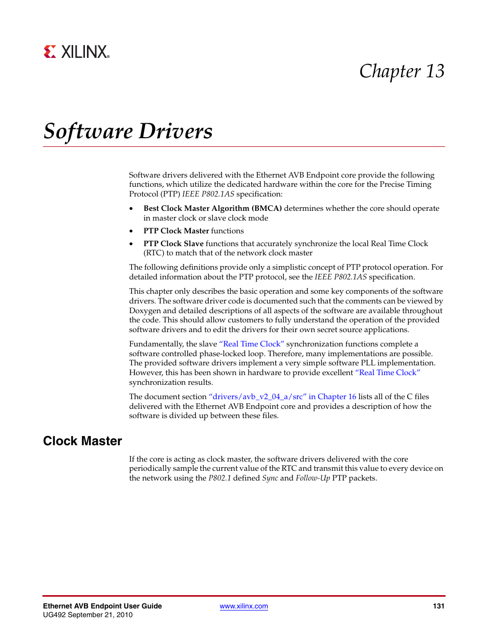 Software drivers, Clock master, Chapter 13: software drivers | Chapter 13, “software drivers, Which can be accessed by the, Chapter 13 | Xilinx IP Ethernet AVB Endpoint v2.4 UG492 User Manual | Page 131 / 172