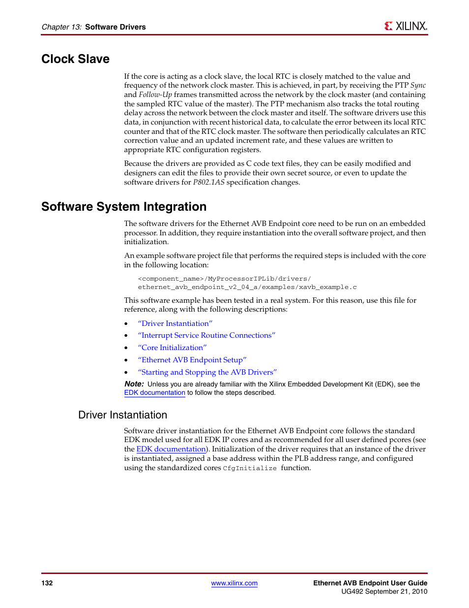 Clock slave, Software system integration, Driver instantiation | Xilinx IP Ethernet AVB Endpoint v2.4 UG492 User Manual | Page 132 / 172