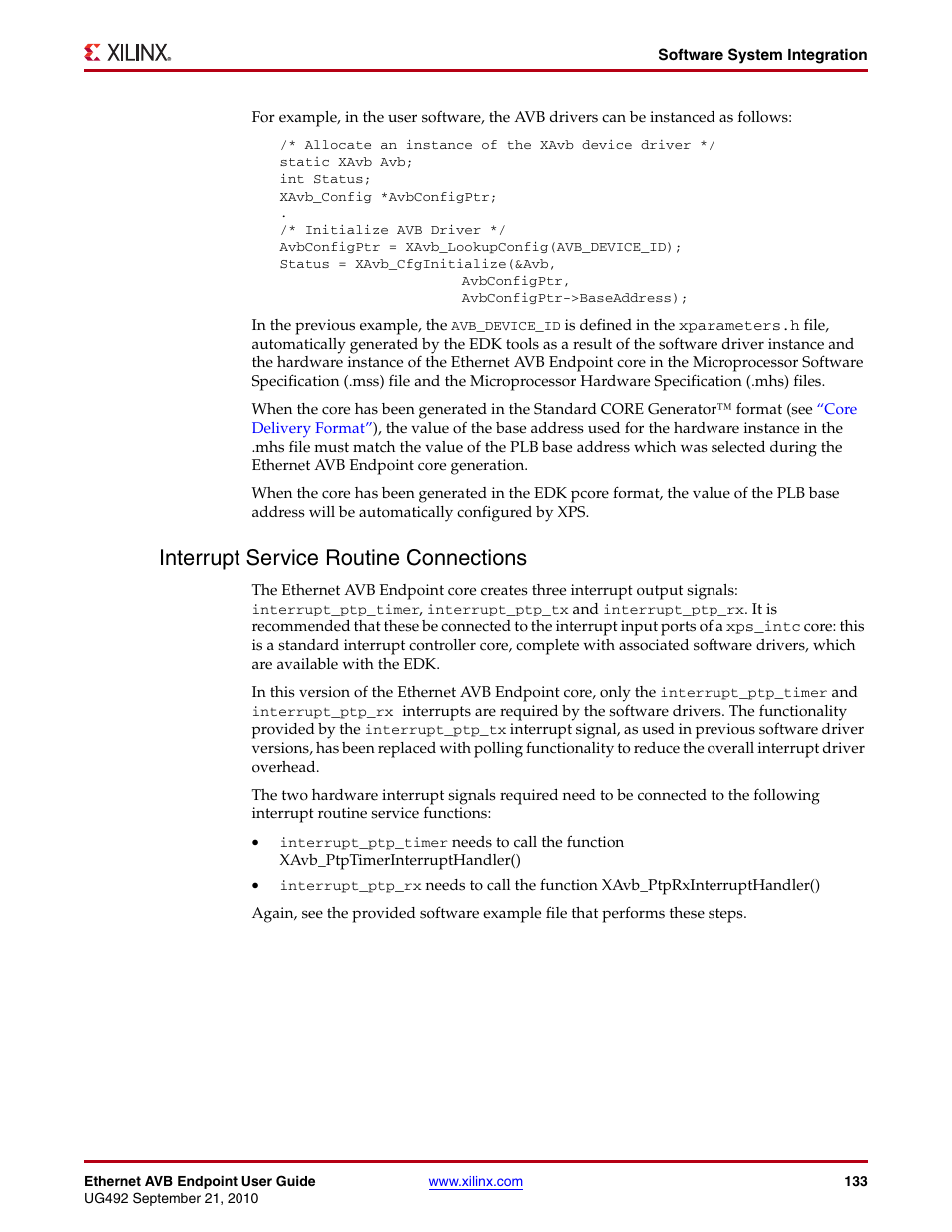 Interrupt service routine connections | Xilinx IP Ethernet AVB Endpoint v2.4 UG492 User Manual | Page 133 / 172