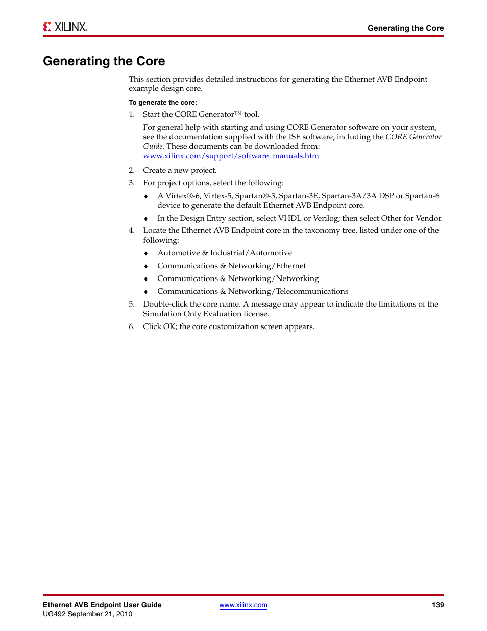 Generating the core | Xilinx IP Ethernet AVB Endpoint v2.4 UG492 User Manual | Page 139 / 172