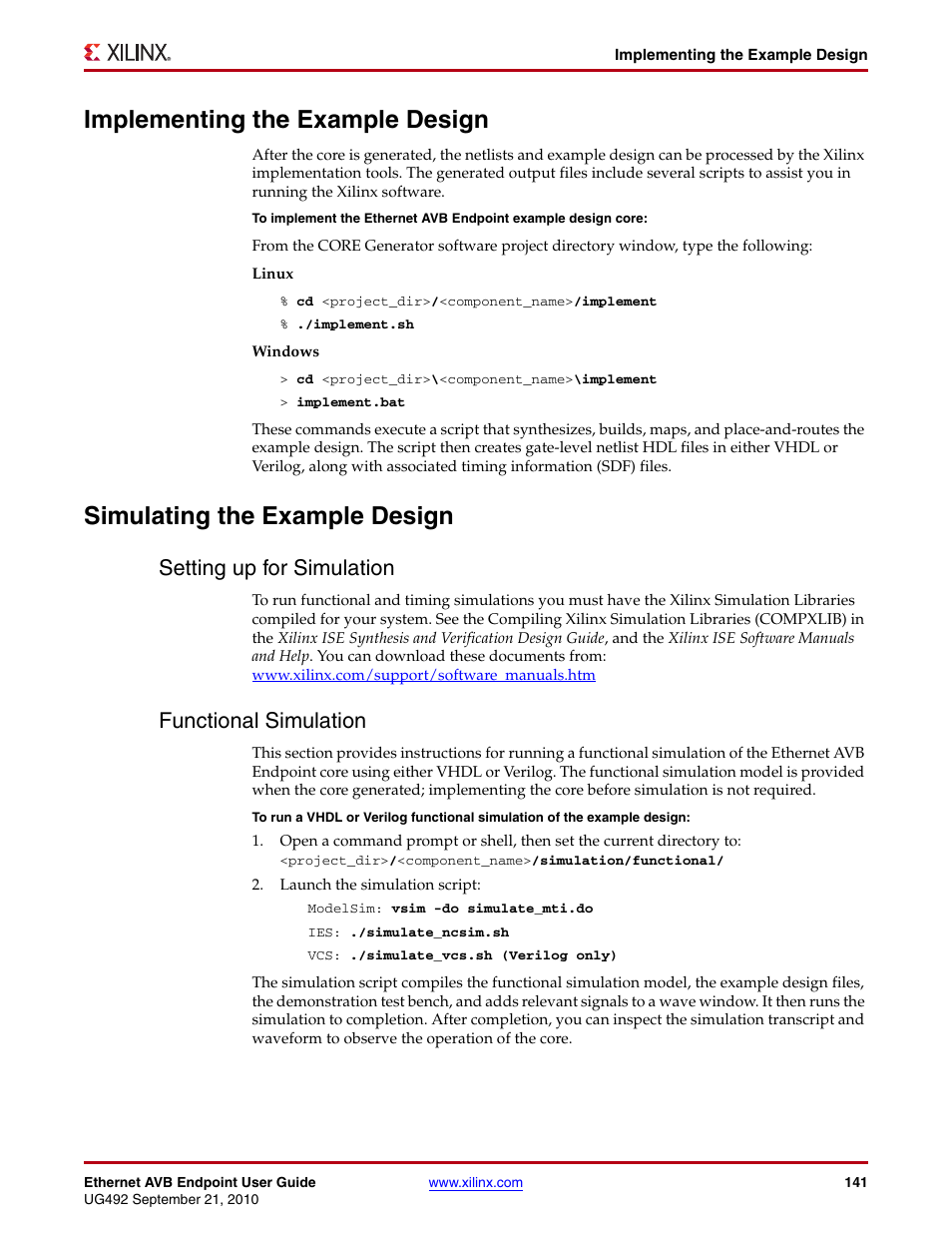 Implementing the example design, Simulating the example design, Setting up for simulation | Functional simulation, Setting up for simulation functional simulation | Xilinx IP Ethernet AVB Endpoint v2.4 UG492 User Manual | Page 141 / 172