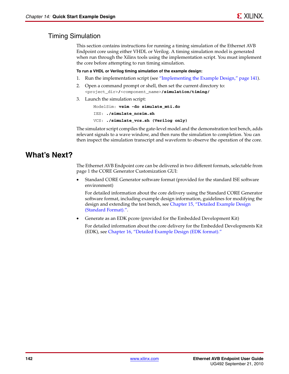Timing simulation, What’s next | Xilinx IP Ethernet AVB Endpoint v2.4 UG492 User Manual | Page 142 / 172
