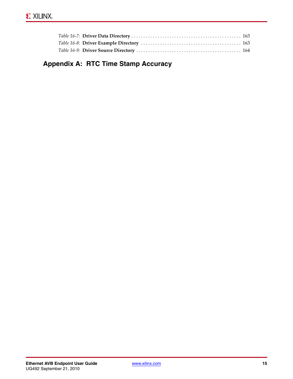 Appendix a: rtc time stamp accuracy | Xilinx IP Ethernet AVB Endpoint v2.4 UG492 User Manual | Page 15 / 172