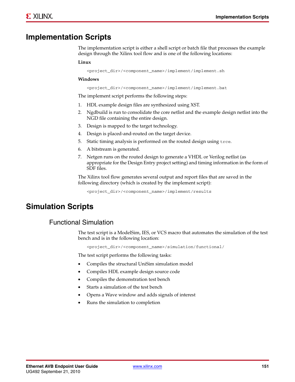 Implementation scripts, Simulation scripts, Functional simulation | Xilinx IP Ethernet AVB Endpoint v2.4 UG492 User Manual | Page 151 / 172