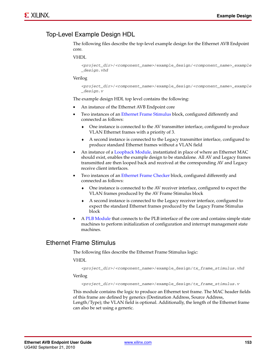 Top-level example design hdl, Ethernet frame stimulus | Xilinx IP Ethernet AVB Endpoint v2.4 UG492 User Manual | Page 153 / 172