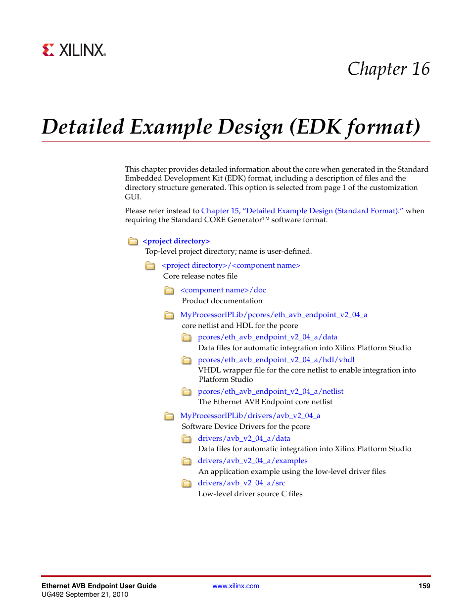 Detailed example design (edk format), Chapter 16: detailed example design (edk format), Chapter 16, “detailed example design (edk format) | Chapter 16, “detailed example design (edk, Format), Drivers/avb_v2_04_a/src” in chapter 16, Dk), see, Chapter 16 | Xilinx IP Ethernet AVB Endpoint v2.4 UG492 User Manual | Page 159 / 172