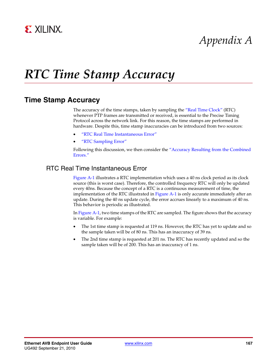 Rtc time stamp accuracy, Time stamp accuracy, Rtc real time instantaneous error | Appendix a: rtc time stamp accuracy, Appendix a, “rtc time stamp accuracy, Appendix a | Xilinx IP Ethernet AVB Endpoint v2.4 UG492 User Manual | Page 167 / 172