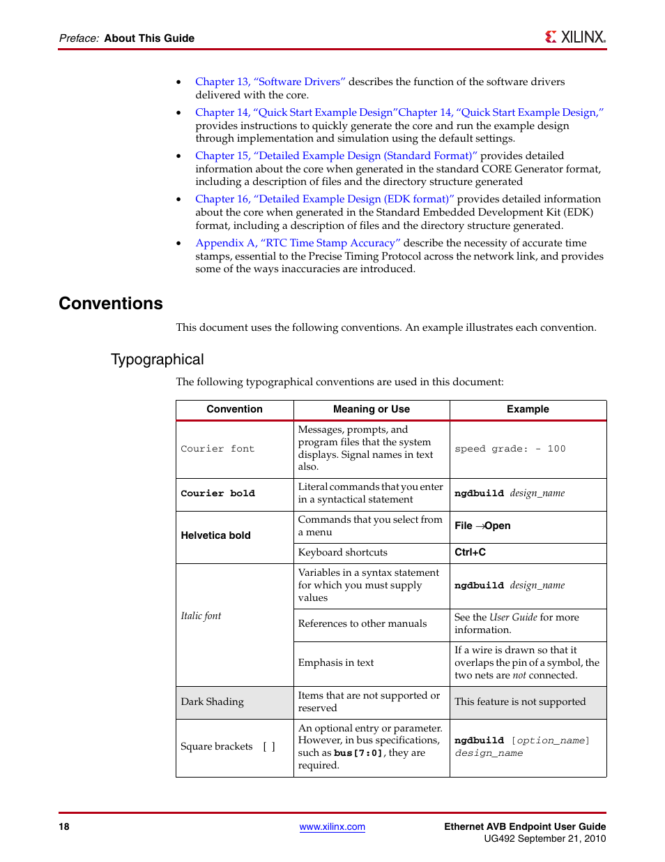 Conventions, Typographical | Xilinx IP Ethernet AVB Endpoint v2.4 UG492 User Manual | Page 18 / 172