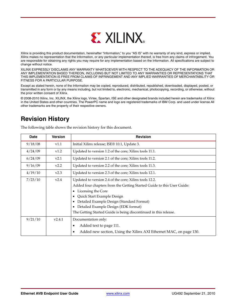 Revision history | Xilinx IP Ethernet AVB Endpoint v2.4 UG492 User Manual | Page 2 / 172