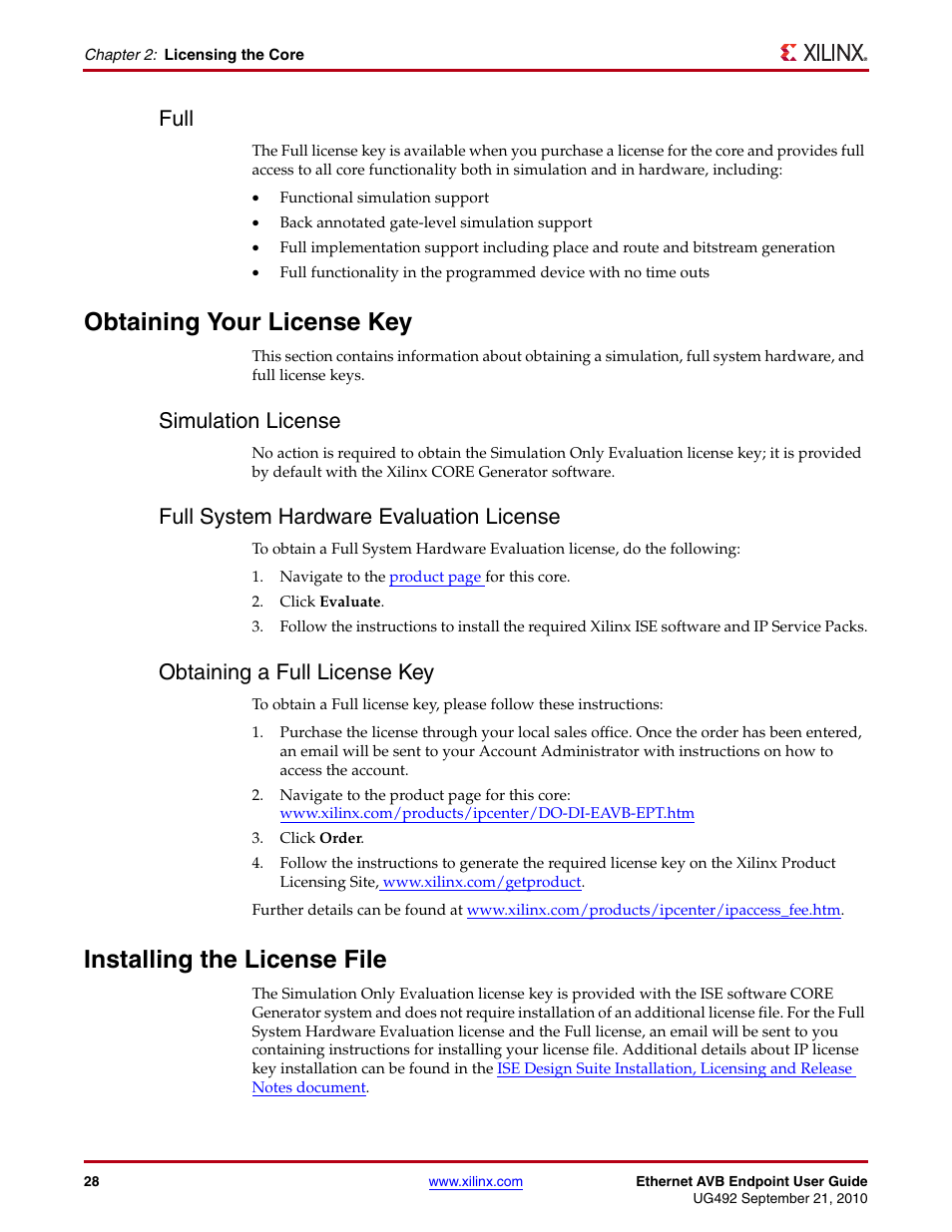 Full, Obtaining your license key, Simulation license | Full system hardware evaluation license, Obtaining a full license key, Installing the license file | Xilinx IP Ethernet AVB Endpoint v2.4 UG492 User Manual | Page 28 / 172