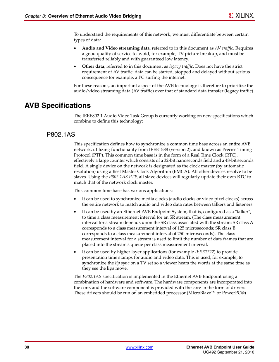 Avb specifications, P802.1as | Xilinx IP Ethernet AVB Endpoint v2.4 UG492 User Manual | Page 30 / 172