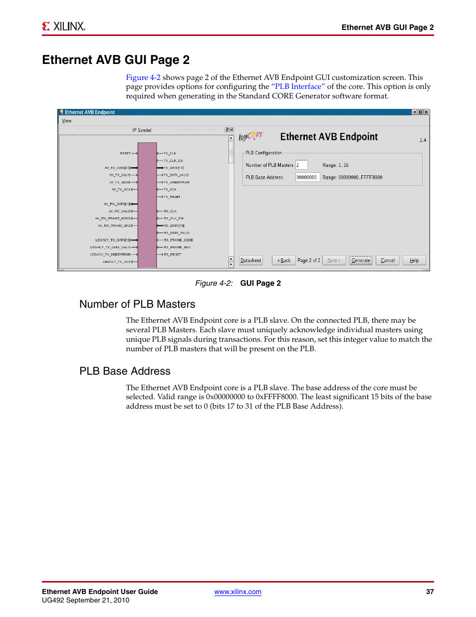 Number of plb masters, Plb base address, Number of plb masters plb base address | Figure 4-2, Is availa, Ethernet avb gui page 2 | Xilinx IP Ethernet AVB Endpoint v2.4 UG492 User Manual | Page 37 / 172