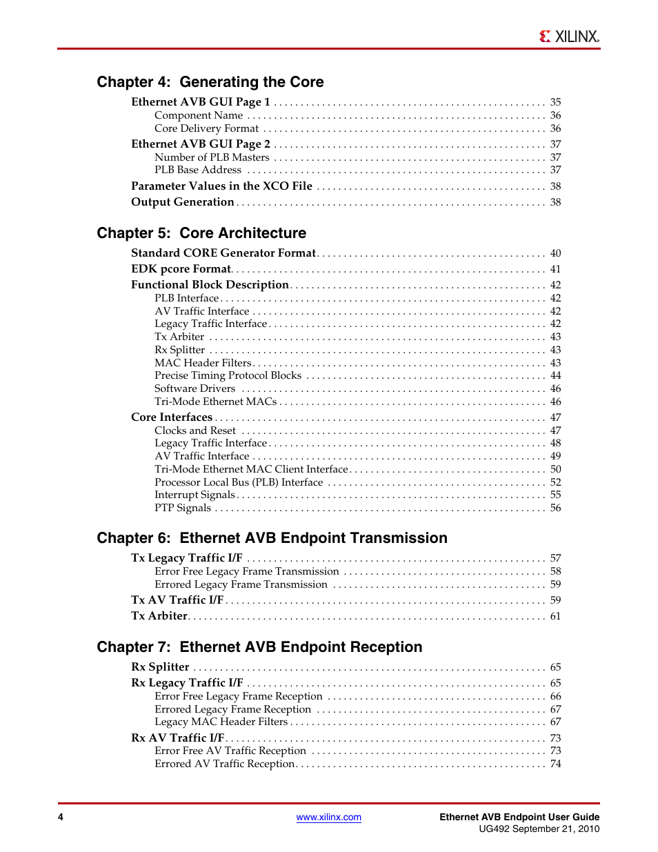 Chapter 4: generating the core, Chapter 5: core architecture, Chapter 6: ethernet avb endpoint transmission | Chapter 7: ethernet avb endpoint reception | Xilinx IP Ethernet AVB Endpoint v2.4 UG492 User Manual | Page 4 / 172