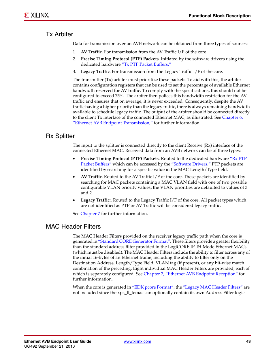 Tx arbiter, Rx splitter, Mac header filters | Tx arbiter rx splitter mac header filters | Xilinx IP Ethernet AVB Endpoint v2.4 UG492 User Manual | Page 43 / 172
