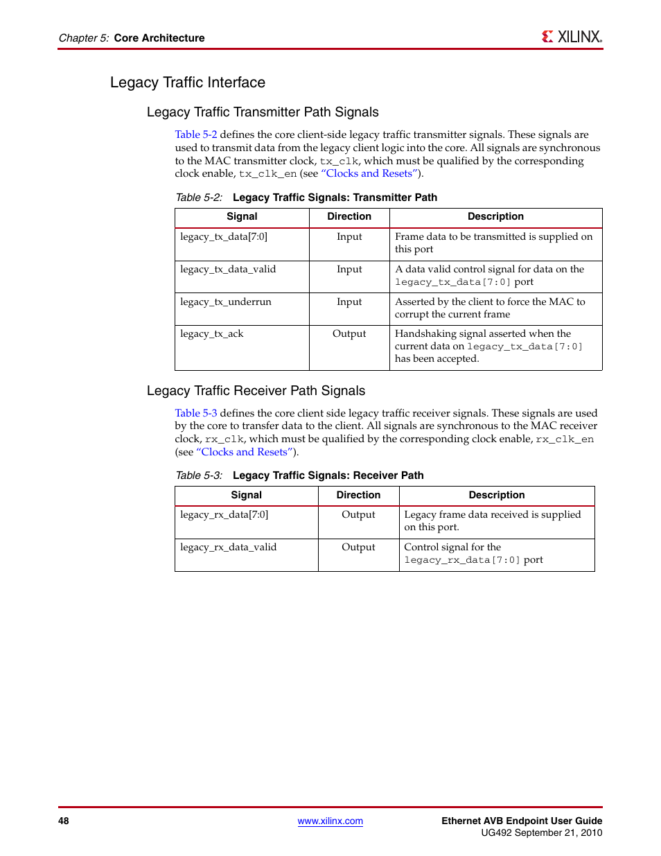 Legacy traffic interface, Table 5-2, Table 5-3 | Legacy traffic transmitter path signals, Legacy traffic receiver path signals | Xilinx IP Ethernet AVB Endpoint v2.4 UG492 User Manual | Page 48 / 172