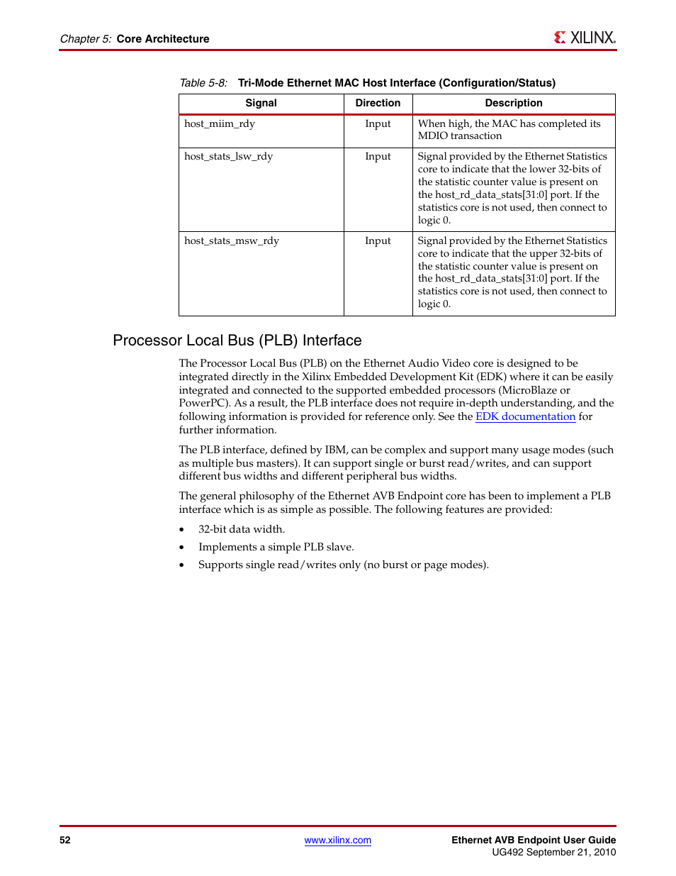 Processor local bus (plb) interface | Xilinx IP Ethernet AVB Endpoint v2.4 UG492 User Manual | Page 52 / 172