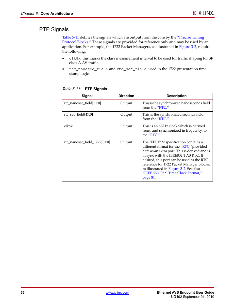 Ptp signals, Table 5-11 | Xilinx IP Ethernet AVB Endpoint v2.4 UG492 User Manual | Page 56 / 172